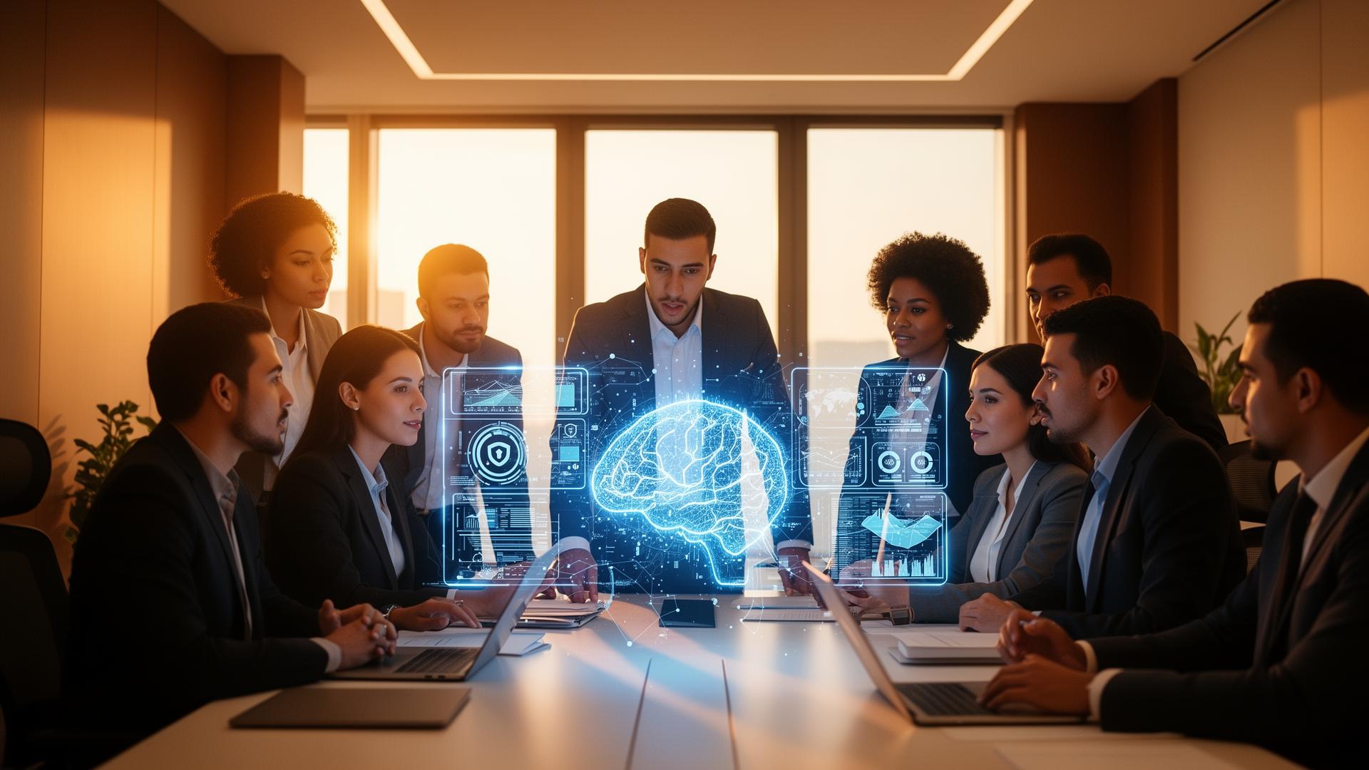 Equipo corporativo capacitándose en inteligencia artificial y ciberseguridad